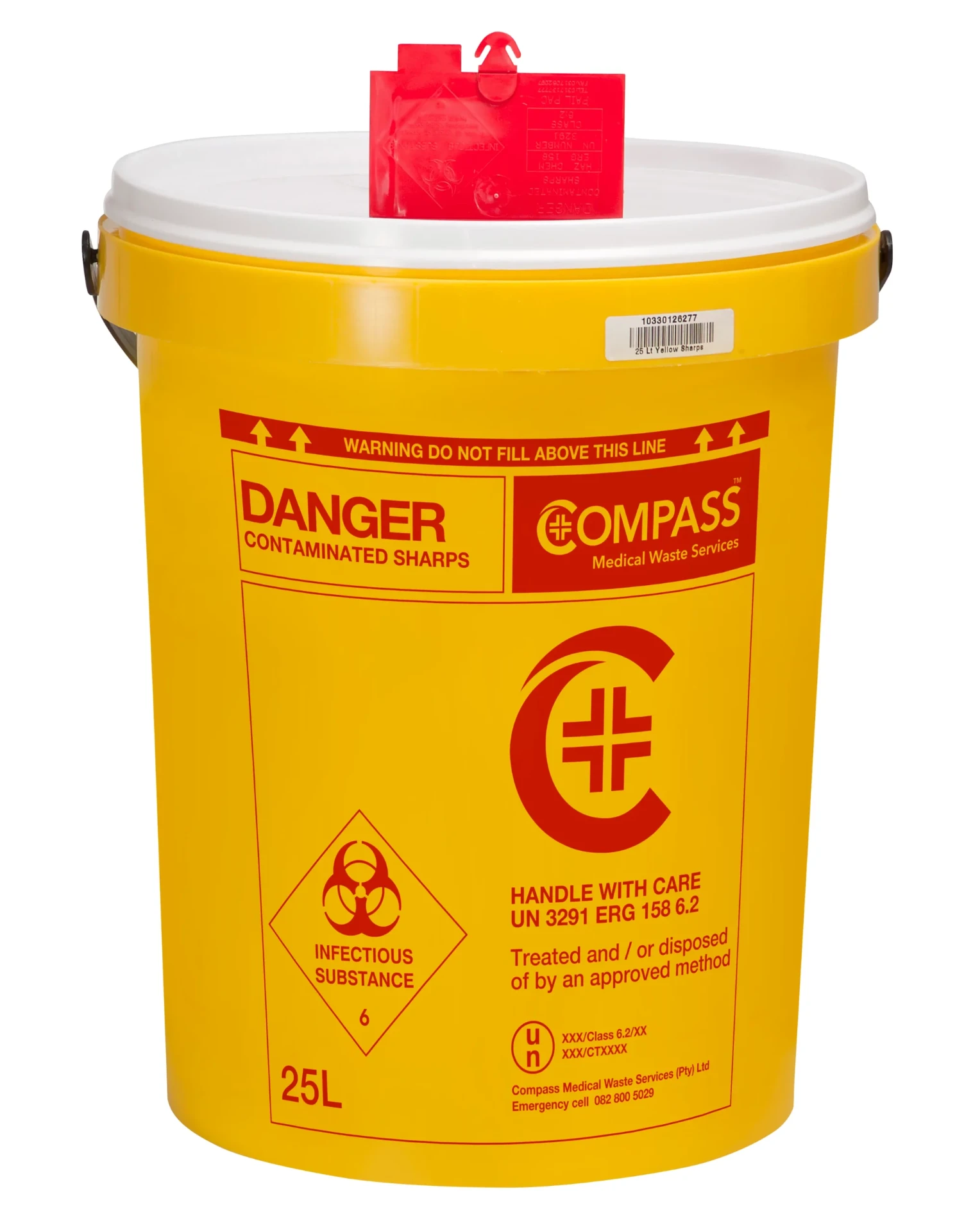 Yellow 25-litre single-use sharps container with white lid, red aperture and biohazard labelling