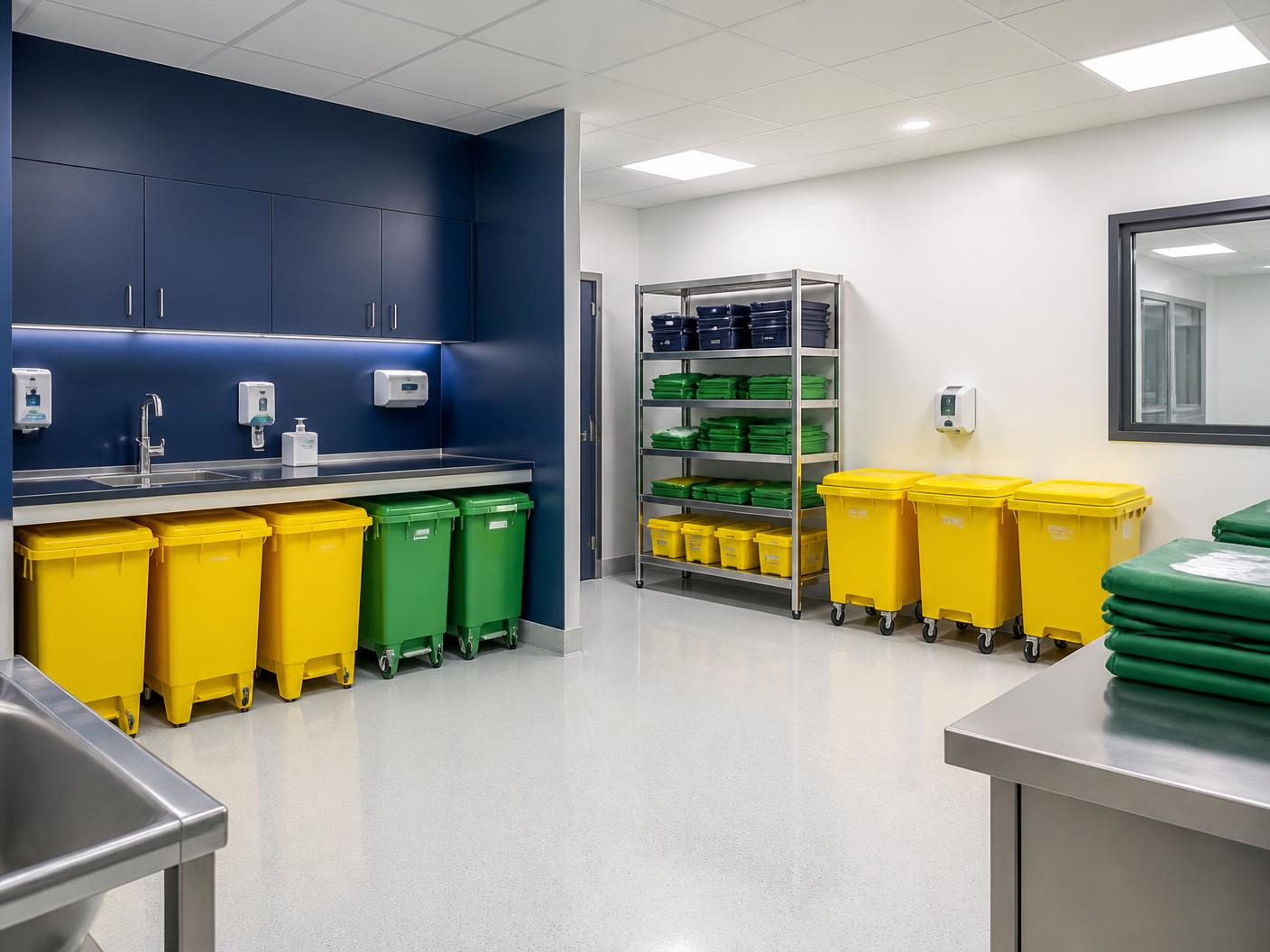 Organised healthcare risk waste containers in a clean hospital utility room