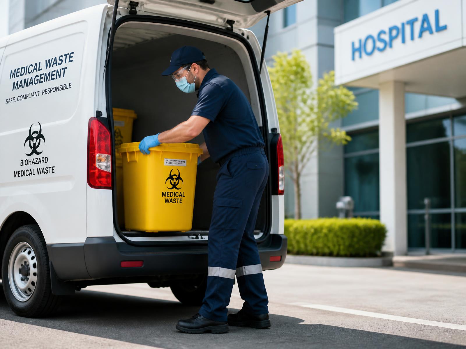 Alpha Medical Waste operative loading sealed healthcare risk waste containers into a collection vehicle