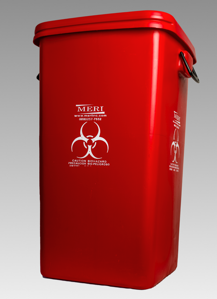 Red biohazardous medical waste collection container with biohazard labeling and side handles