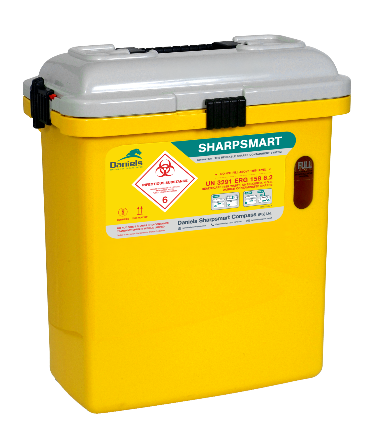 Yellow Sharpsmart Access Plus reusable sharps container with gray lid and biohazard labelling